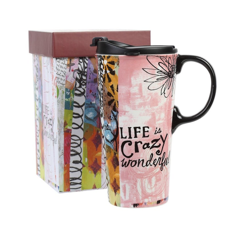 Topadorn Christmas Ceramic Travel Mug with Sealed Lid Coffee Cup Latte Mug for Home and Office Gift Box (Life is crazy wonderful) - Image 1